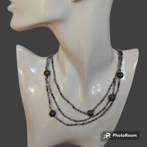 3/$20 HANDMADE Gray Seed Animal Print Beaded Mobwife Long Necklace